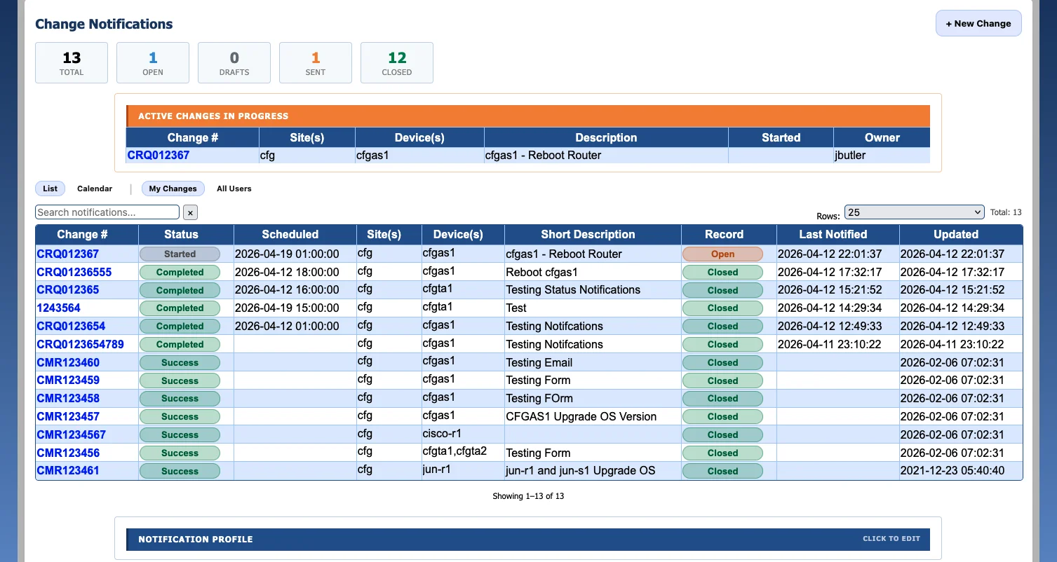 Change notification with full lifecycle timeline and stakeholder notifications