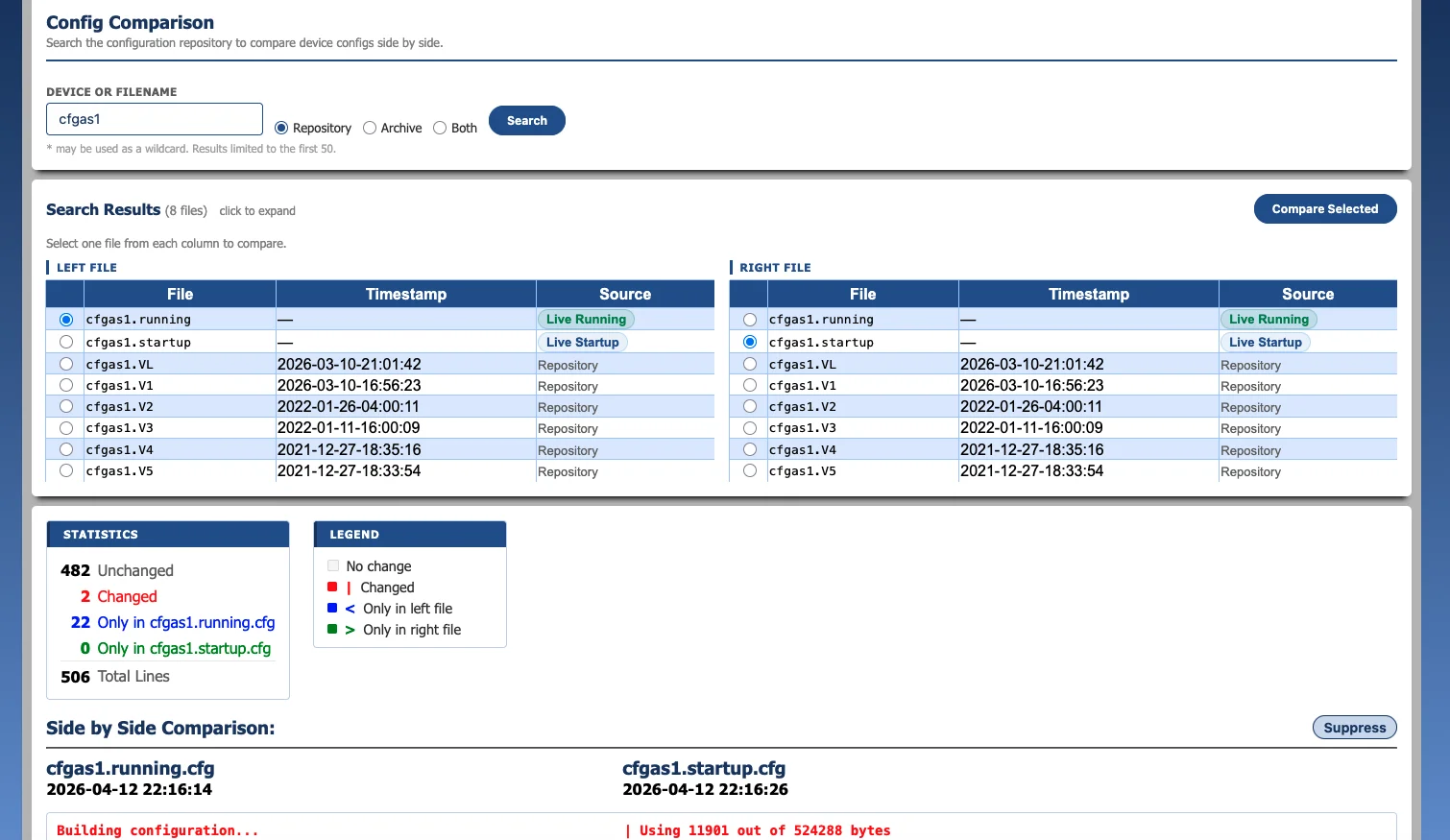Side-by-side configuration comparison with highlighted differences
