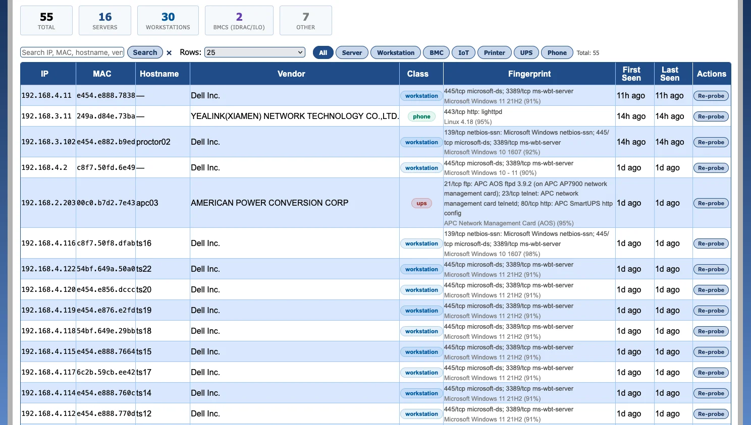 Asset discovery results with auto-classified non-network hosts — servers, BMCs, workstations, UPS, IP phones — fingerprinted by OUI vendor, open ports, and OS guess